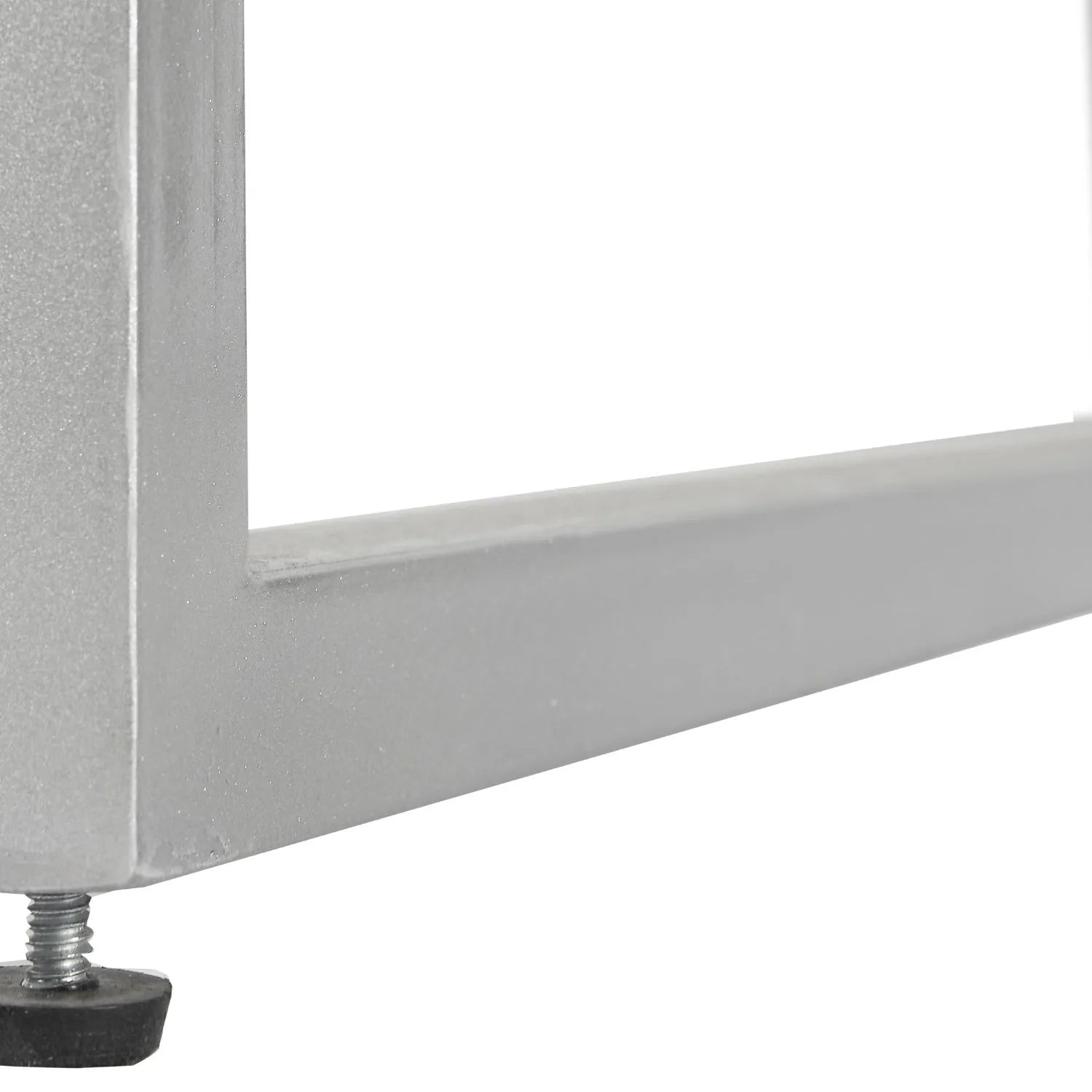 Grey Wash Mango Wood 2 Drawer Dressing Table & Desk with Silver Metal Handles & Legs 81x100x46cm close-up of silver metal leg and black adjustable foot | Click Style