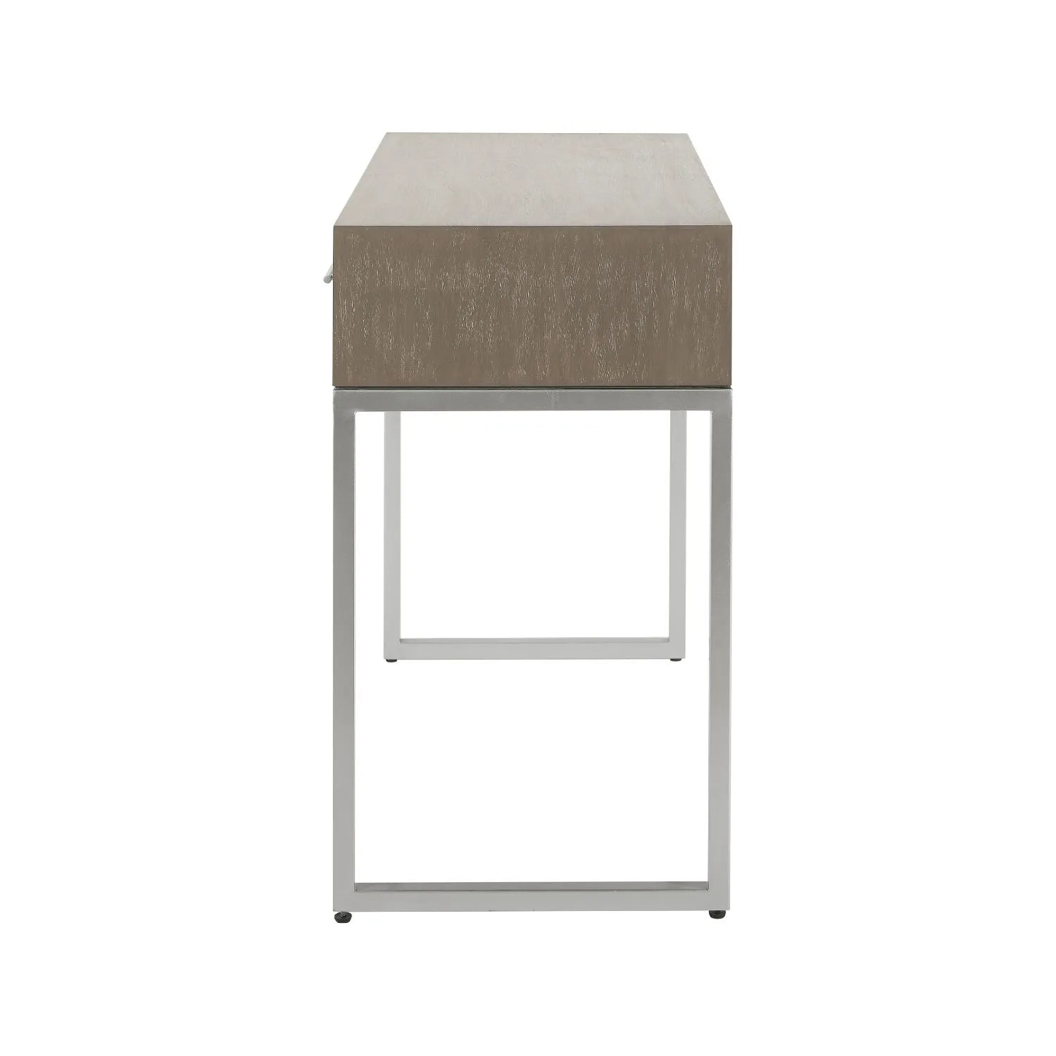 Grey Wash Mango Wood 2 Drawer Dressing Table & Desk with Silver Metal Handles & Legs 81x100x46cm side view facing left | Click Style