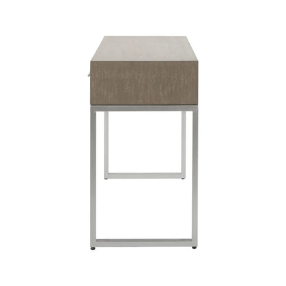 Grey Wash Mango Wood 2 Drawer Dressing Table & Desk with Silver Metal Handles & Legs 81x100x46cm side view facing left | Click Style