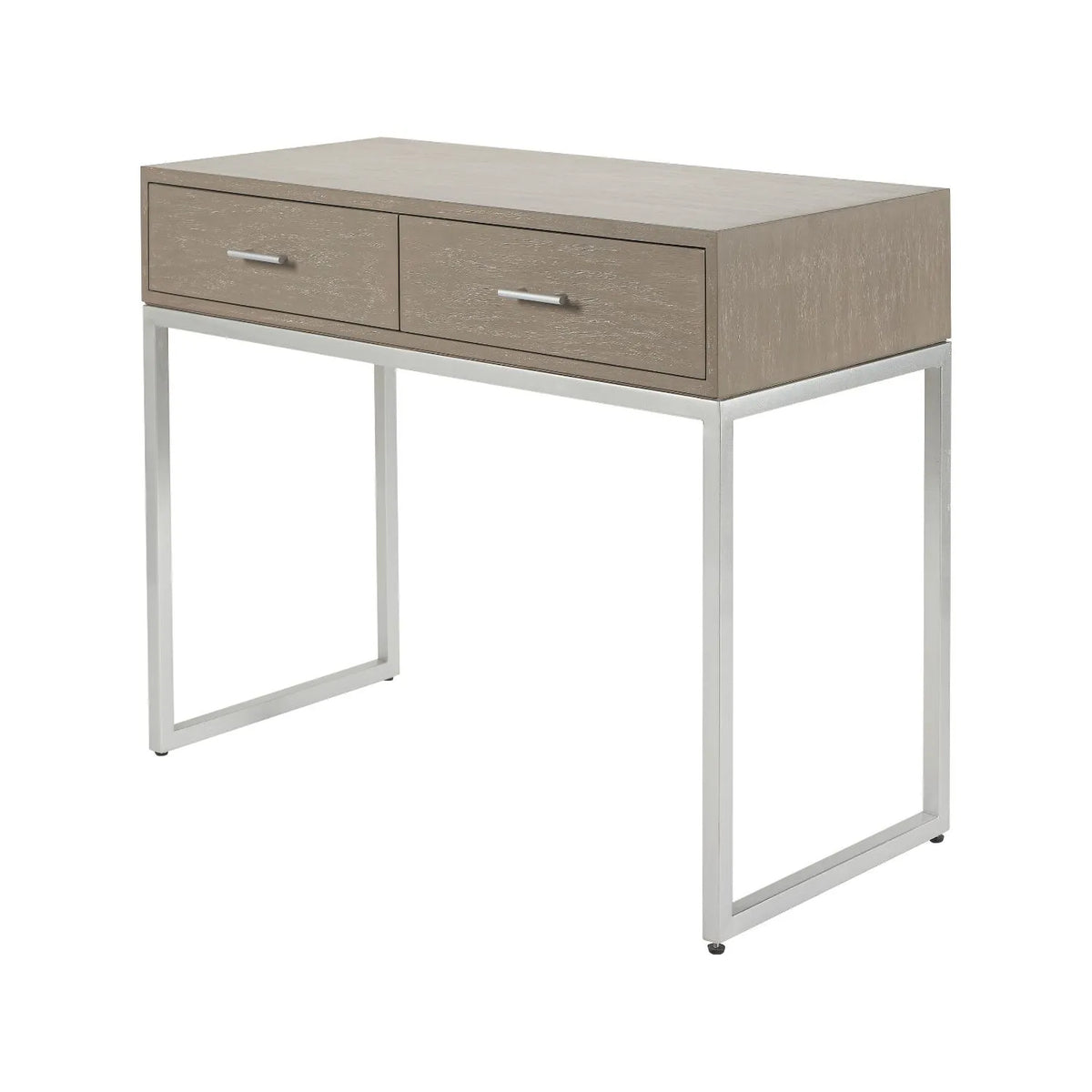 Grey Wash Mango Wood 2 Drawer Dressing Table & Desk with Silver Metal Handles & Legs 81x100x46cm front and side view angled to the left | Click Style
