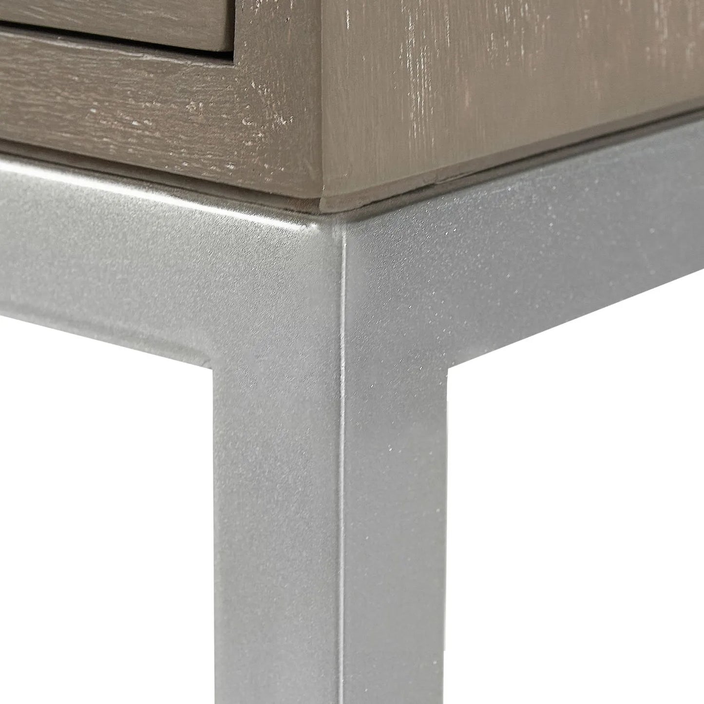 Grey Wash Mango Wood 2 Drawer Dressing Table & Desk with Silver Metal Handles & Legs 81x100x46cm close-up of wooden unit corner and silver metal legs | Click Style