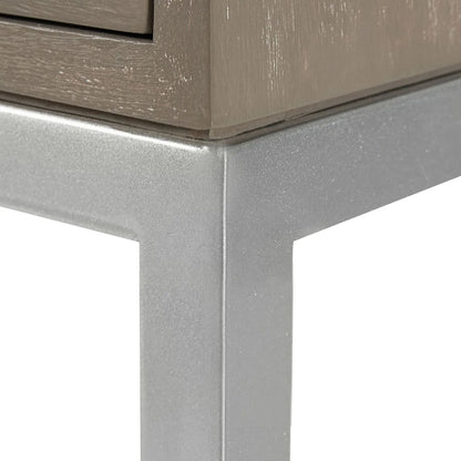 Grey Wash Mango Wood 2 Drawer Dressing Table & Desk with Silver Metal Handles & Legs 81x100x46cm close-up of wooden unit corner and silver metal legs | Click Style