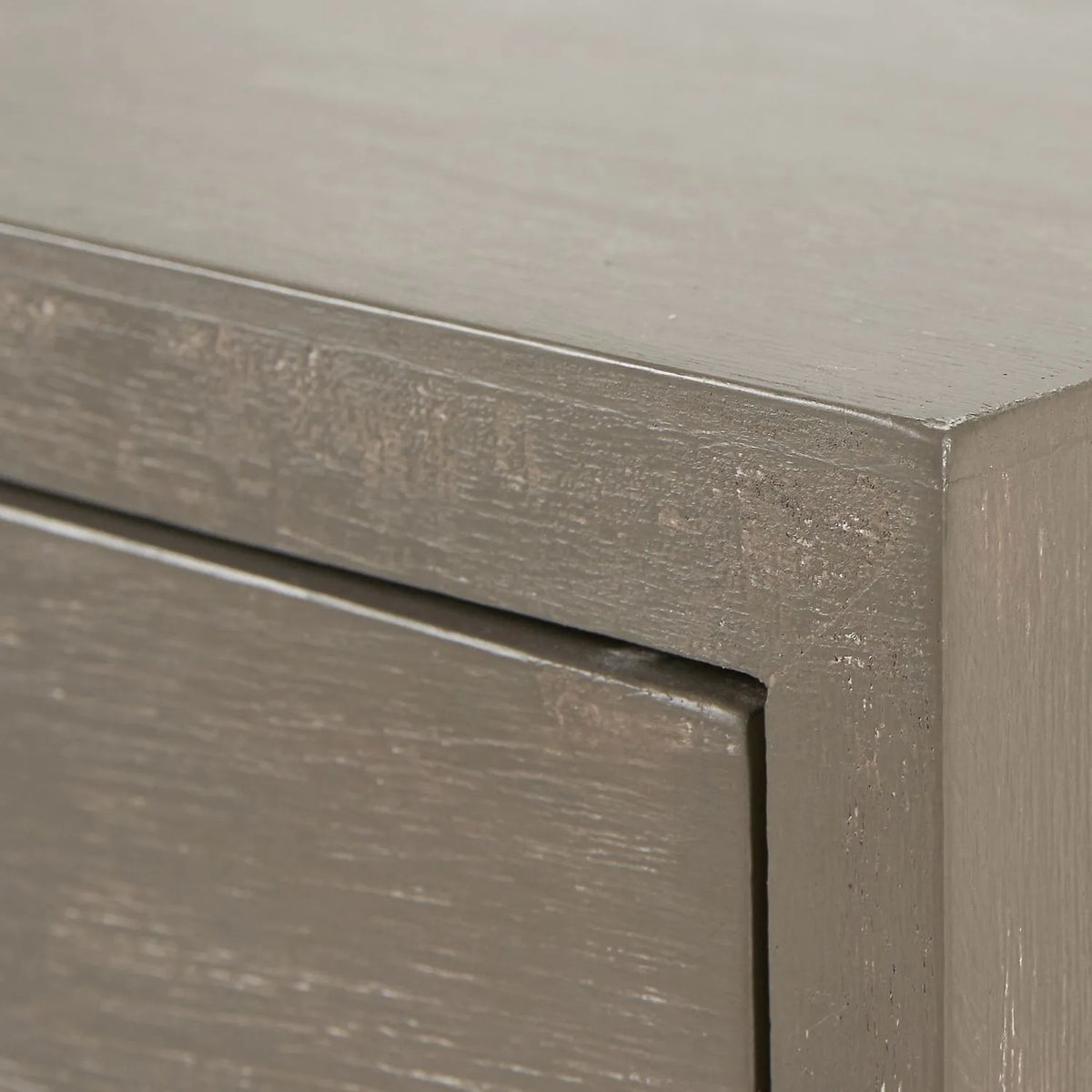 Grey Wash Mango Wood 2 Drawer Dressing Table & Desk with Silver Metal Handles & Legs 81x100x46cm close-up of top right corner showing top surface and drawer front | Click Style