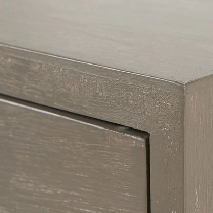 Grey Wash Mango Wood 2 Drawer Dressing Table & Desk with Silver Metal Handles & Legs 81x100x46cm close-up of top right corner showing top surface and drawer front | Click Style
