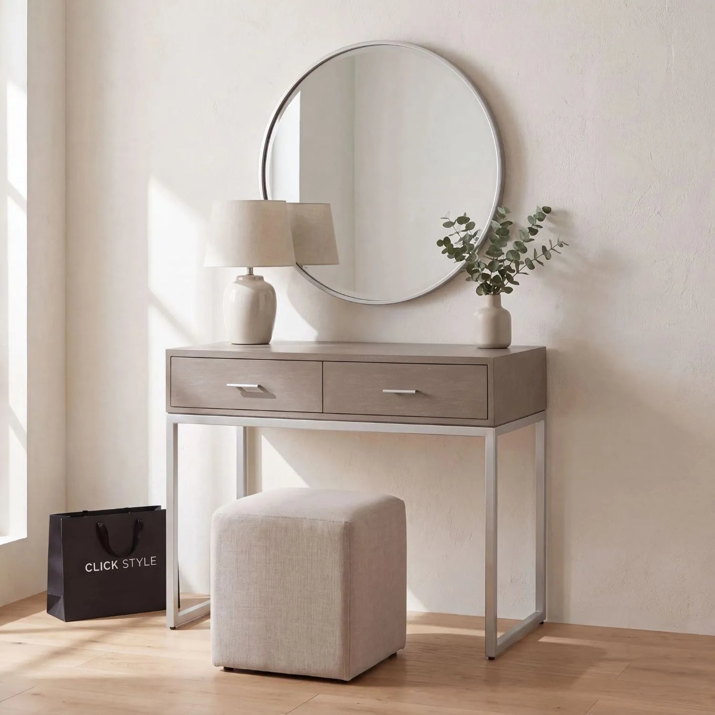 Grey Wash Mango Wood 2 Drawer Dressing Table & Desk with Silver Metal Handles & Legs styled in a neutral dressing room with round mirror and stool | Click Style
