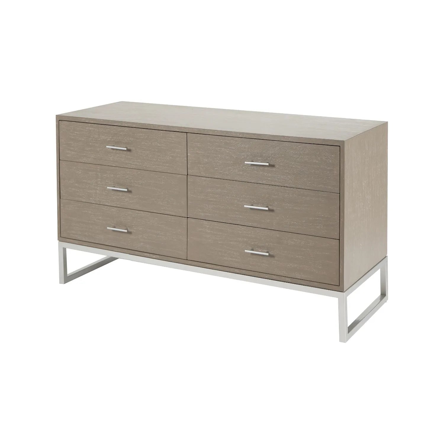 Grey Wash Mango Wood 6 Drawer Chest of Drawers with Silver Metal Handles & Legs angled front and side view 73x130x49cm | Click Style