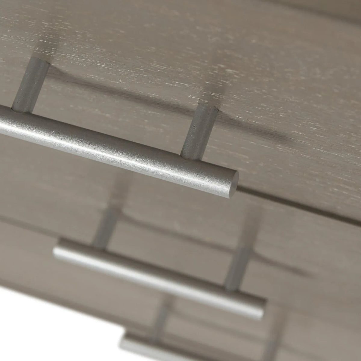 Grey Wash Mango Wood 6 Drawer Chest of Drawers with Silver Metal Handles & Legs close-up looking down the drawer fronts and silver metal handles 73x130x49cm | Click Style