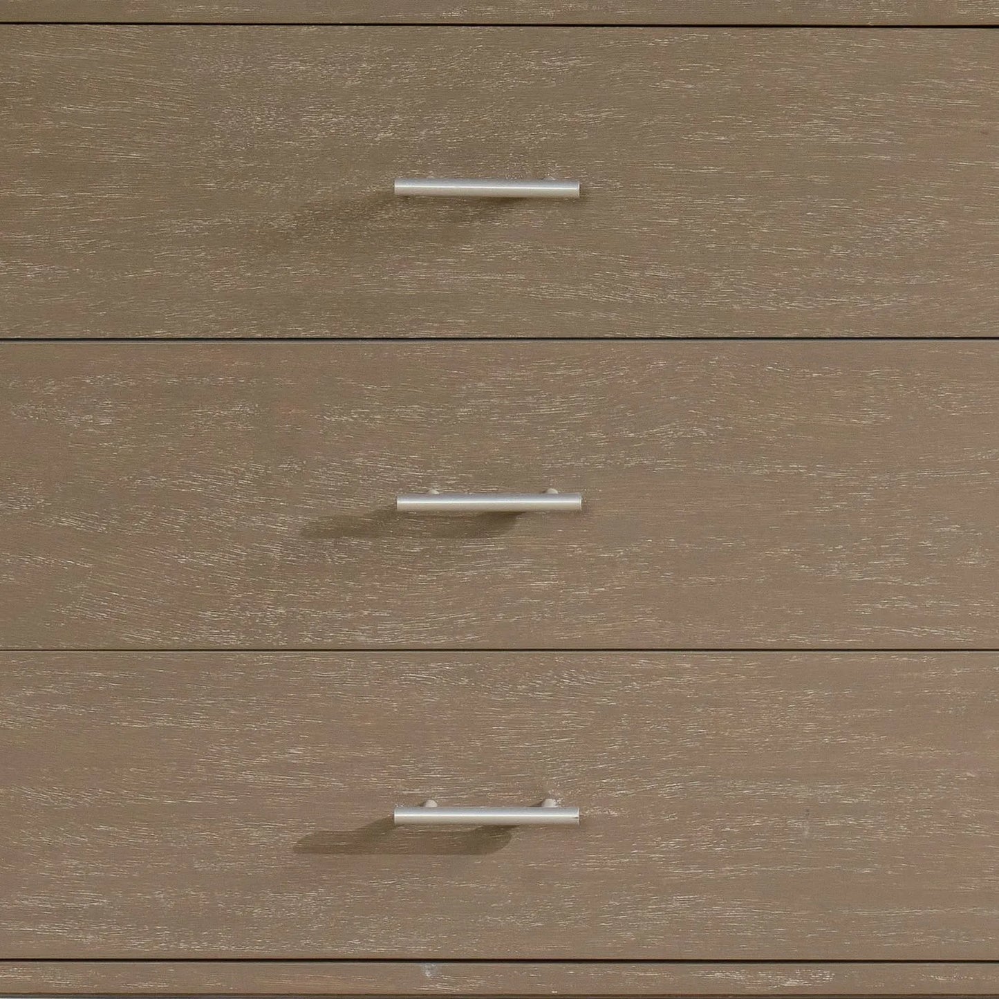 Grey Wash Mango Wood 6 Drawer Chest of Drawers with Silver Metal Handles & Legs close-up of drawer fronts with three silver metal handles 73x130x49cm | Click Style