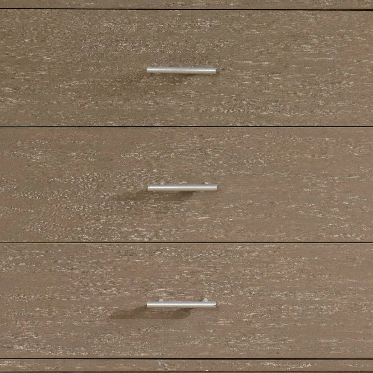 Grey Wash Mango Wood 6 Drawer Chest of Drawers with Silver Metal Handles & Legs close-up of drawer fronts with three silver metal handles 73x130x49cm | Click Style