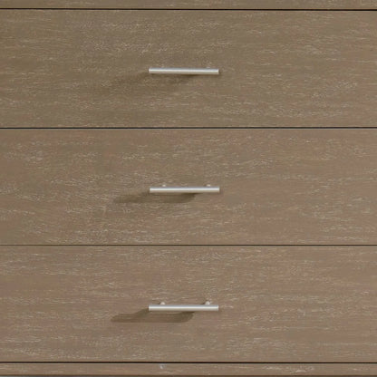 Grey Wash Mango Wood 6 Drawer Chest of Drawers with Silver Metal Handles & Legs close-up of drawer fronts with three silver metal handles 73x130x49cm | Click Style