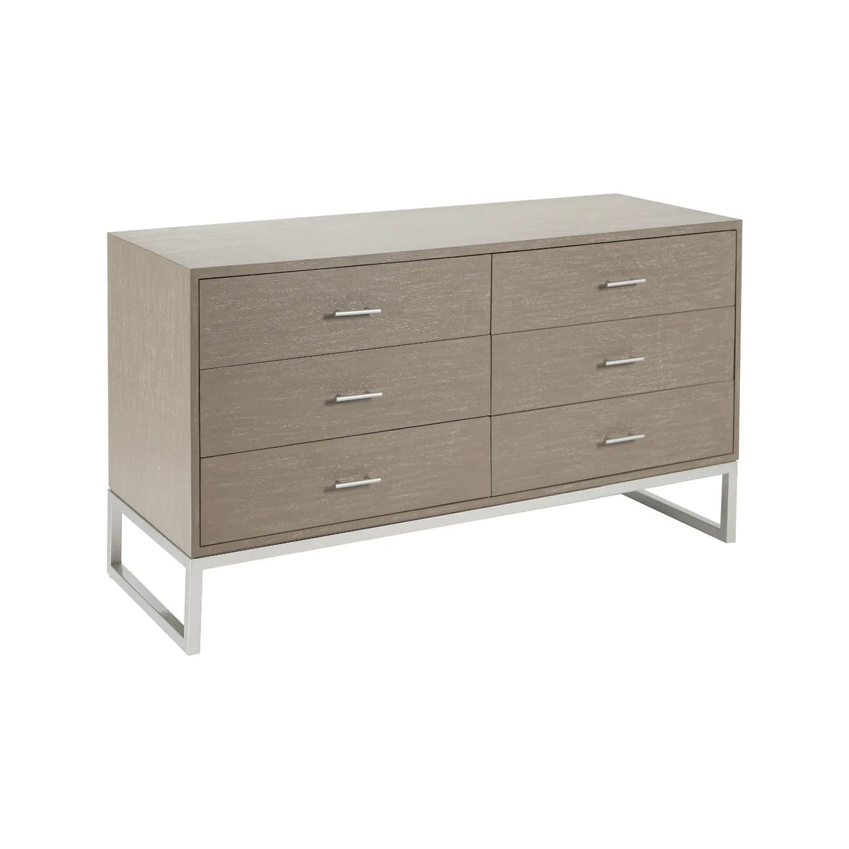 Grey Wash Mango Wood 6 Drawer Chest of Drawers with Silver Metal Handles & Legs angled front and side view 73x130x49cm | Click Style