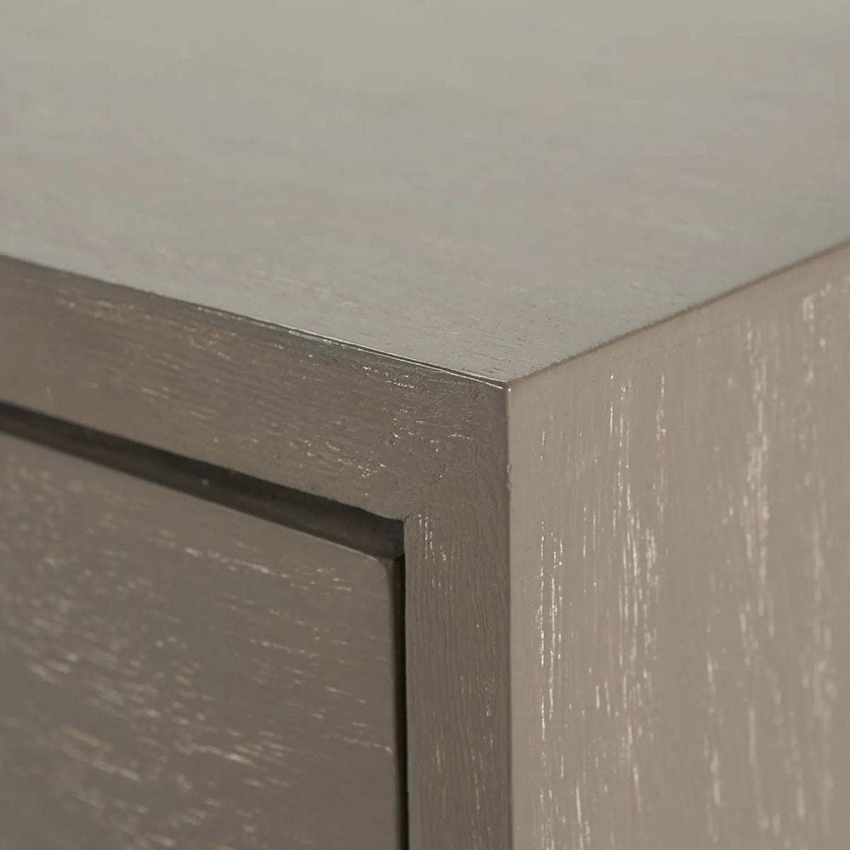 Grey Wash Mango Wood 6 Drawer Chest of Drawers with Silver Metal Handles & Legs close-up of top right corner with partial top and drawer front 73x130x49cm | Click Style
