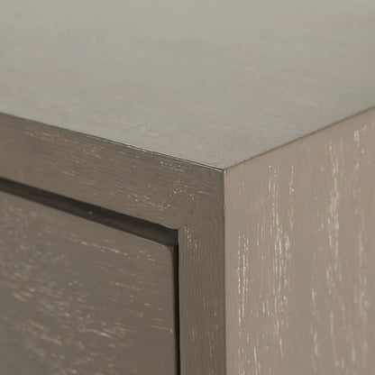 Grey Wash Mango Wood 6 Drawer Chest of Drawers with Silver Metal Handles & Legs close-up of top right corner with partial top and drawer front 73x130x49cm | Click Style