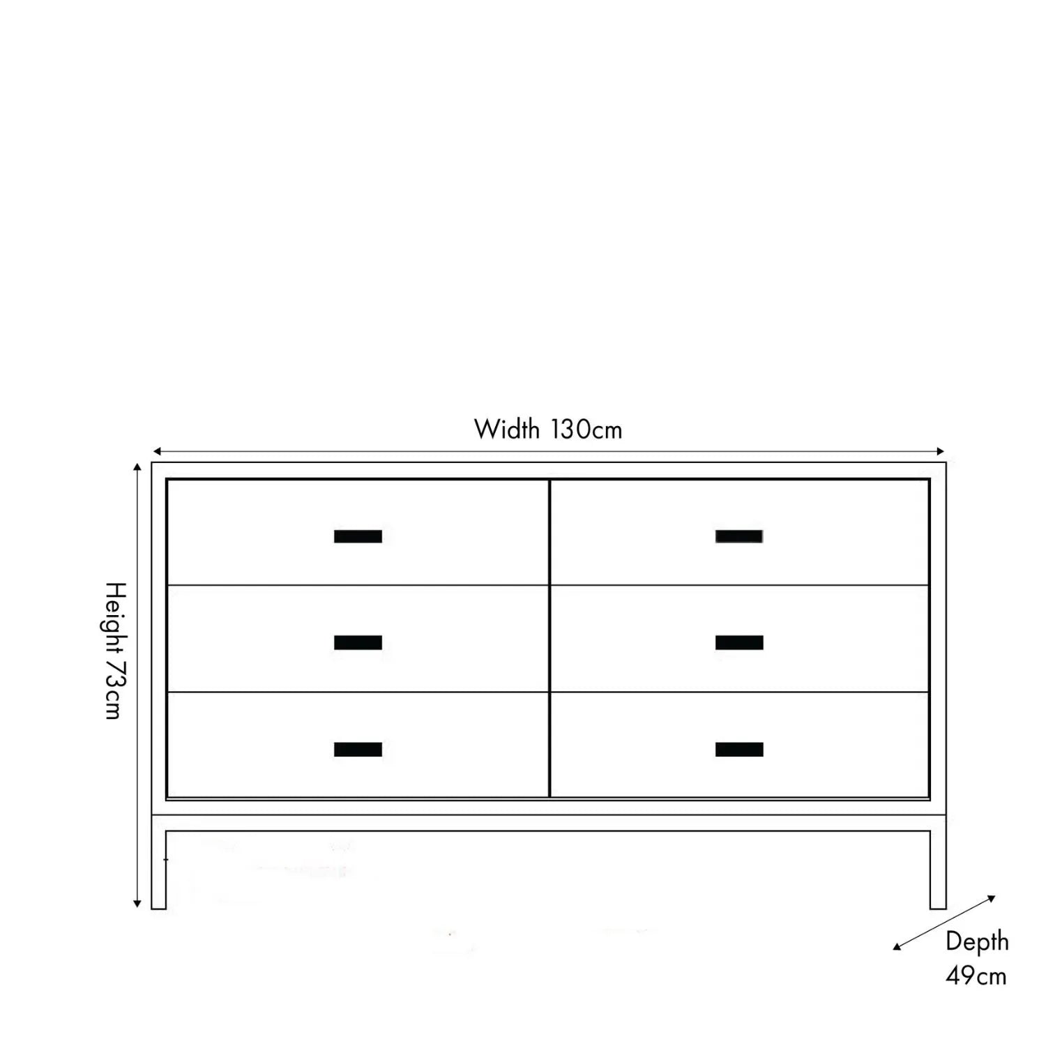 Grey Wash Mango Wood 6 Drawer Chest of Drawers with Silver Metal Handles & Legs front dimension drawing 73x130x49cm | Click Style