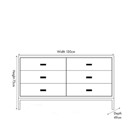 Grey Wash Mango Wood 6 Drawer Chest of Drawers with Silver Metal Handles & Legs front dimension drawing 73x130x49cm | Click Style