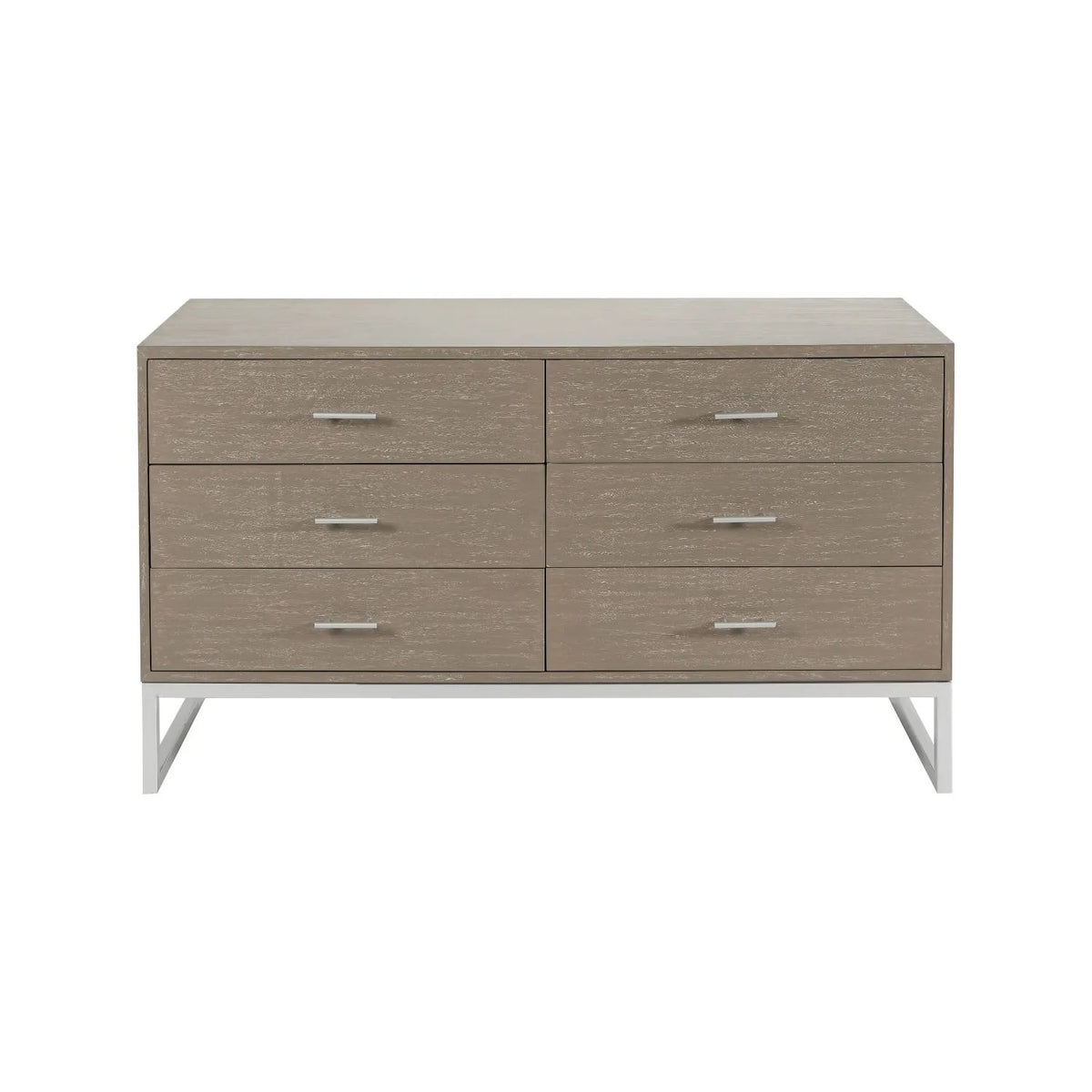 Grey Wash Mango Wood 6 Drawer Chest of Drawers with Silver Metal Handles & Legs front view 73x130x49cm | Click Style