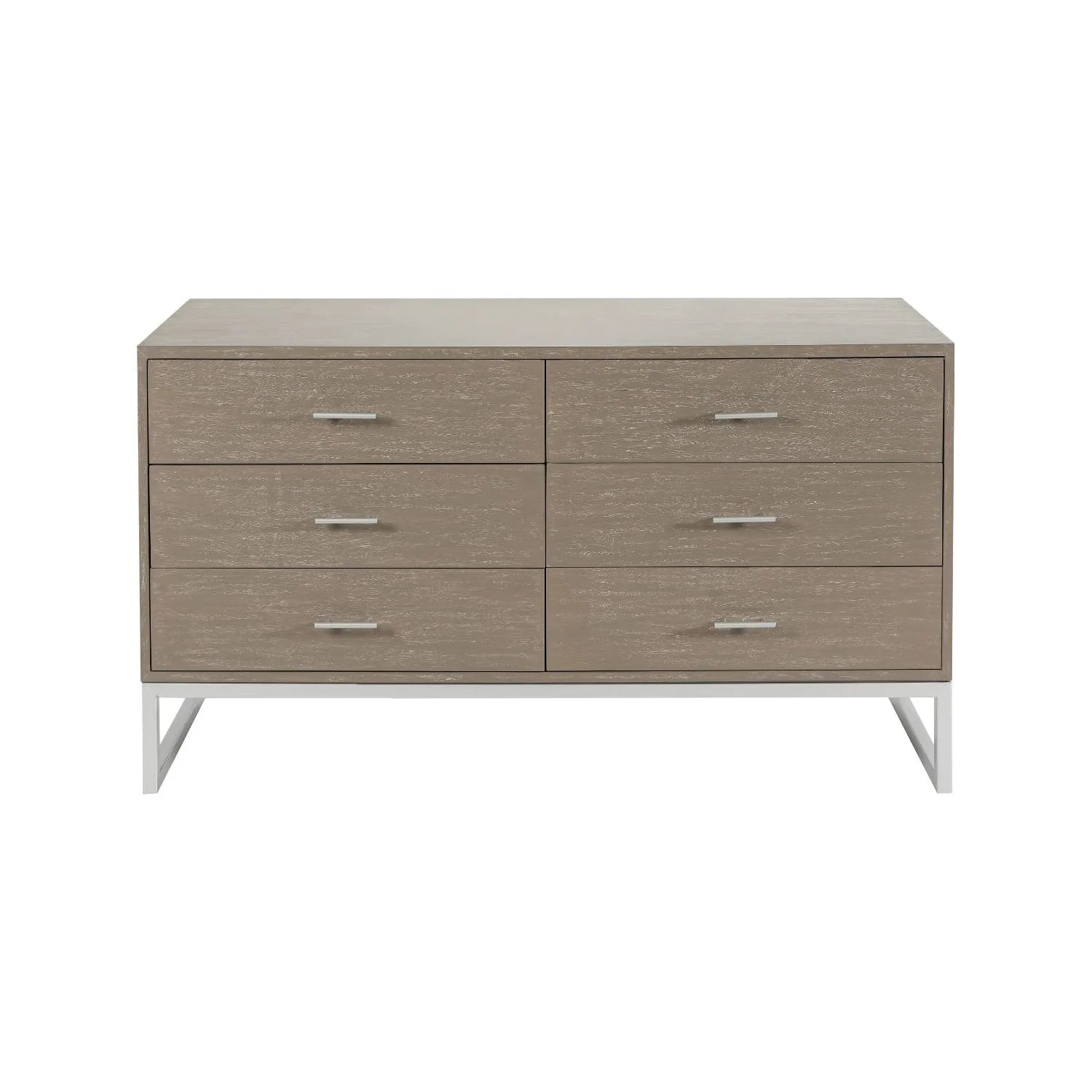 Grey Wash Mango Wood 6 Drawer Chest of Drawers with Silver Metal Handles & Legs front view 73x130x49cm | Click Style