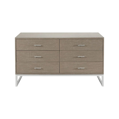 Grey Wash Mango Wood 6 Drawer Chest of Drawers with Silver Metal Handles & Legs front view 73x130x49cm | Click Style