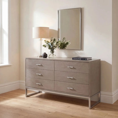 Grey Wash Mango Wood 6 Drawer Chest of Drawers with Silver Metal Handles & Legs 73x130x49cm styled in a warm neutral interior | Click Style