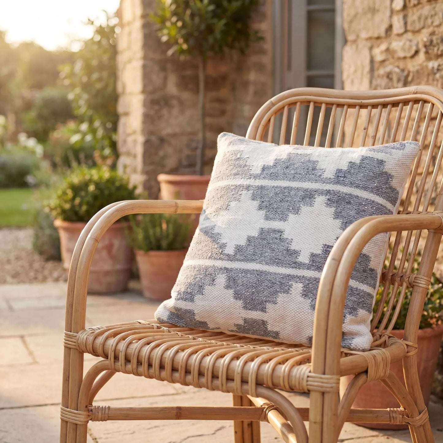 Grey & White Square Indoor Outdoor Cushion with Aztec Pattern – Recycled Weather-Resistant & Durable 45x45x10cm Made from Recycled PET Yarn with a Woven Grey and White Aztec-Inspired Design for Gardens Patios Balconies Conservatories and Indoor Seating Areas | Click Style