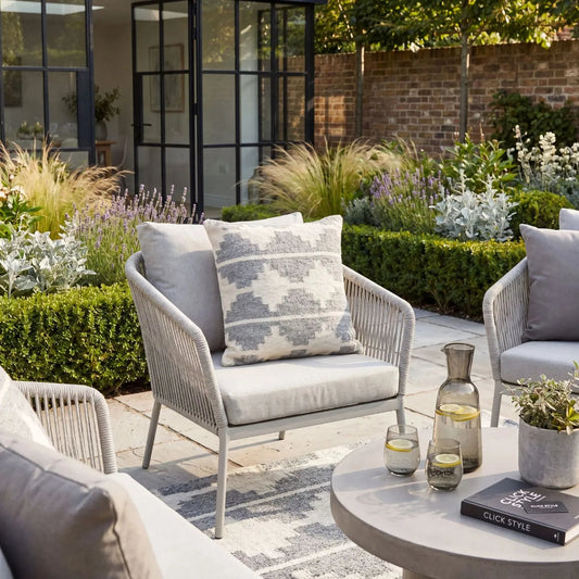 Grey & White Square Indoor Outdoor Cushion with Aztec Pattern – Recycled Weather-Resistant & Durable 45x45x10cm Made from Recycled PET Yarn with a Woven Grey and White Aztec-Inspired Design for Gardens Patios Balconies Conservatories and Indoor Seating Areas | Click Style