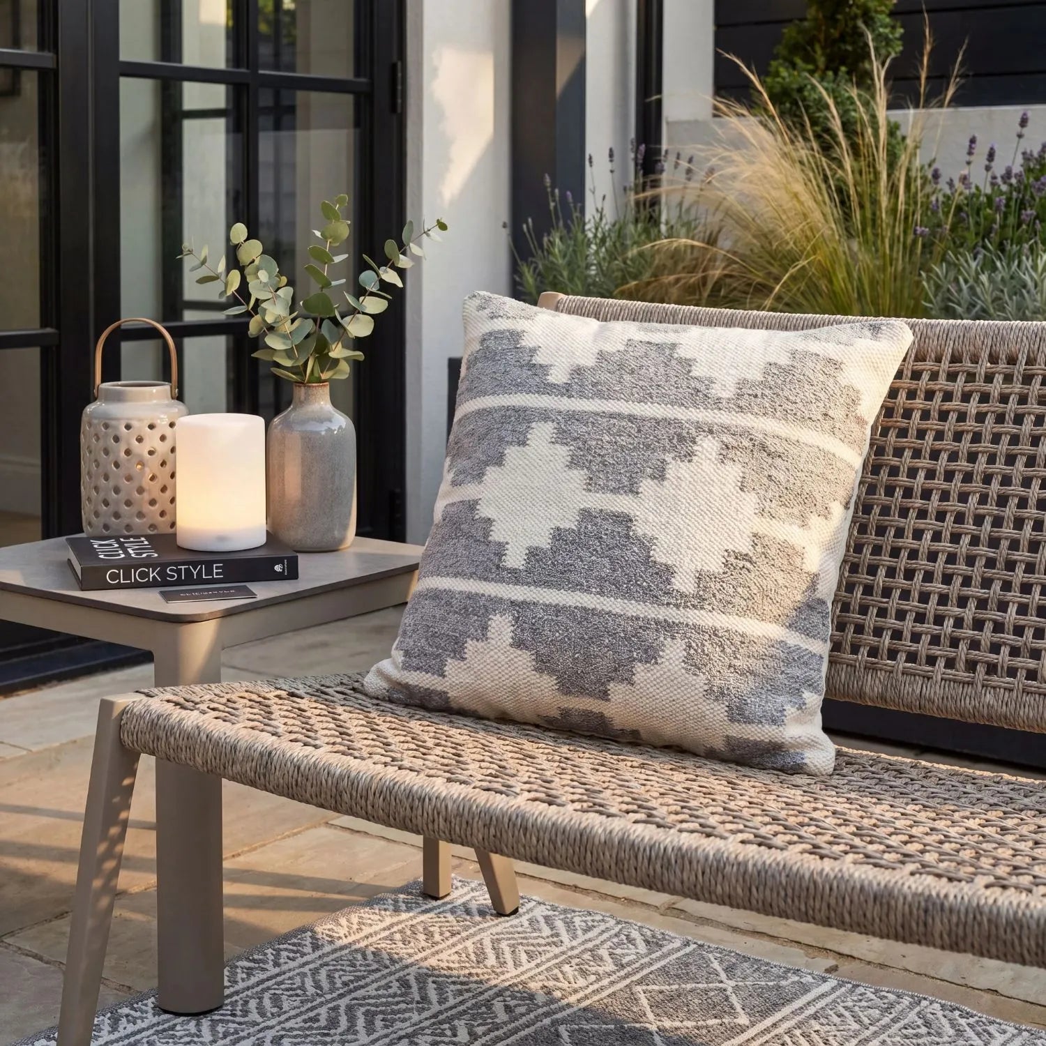 Grey & White Square Indoor Outdoor Cushion with Aztec Pattern – Recycled Weather-Resistant & Durable 45x45x10cm Made from Recycled PET Yarn with a Woven Grey and White Aztec-Inspired Design for Gardens Patios Balconies Conservatories and Indoor Seating Areas | Click Style