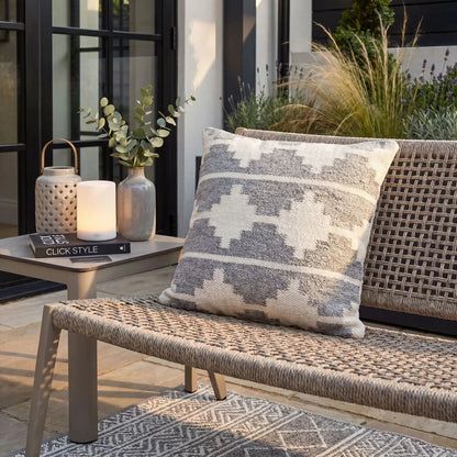 Grey & White Square Indoor Outdoor Cushion with Aztec Pattern – Recycled Weather-Resistant & Durable 45x45x10cm Made from Recycled PET Yarn with a Woven Grey and White Aztec-Inspired Design for Gardens Patios Balconies Conservatories and Indoor Seating Areas | Click Style