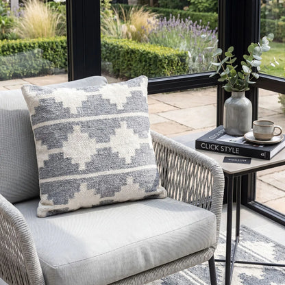 Grey & White Square Indoor Outdoor Cushion with Aztec Pattern – Recycled Weather-Resistant & Durable 45x45x10cm Made from Recycled PET Yarn with a Woven Grey and White Aztec-Inspired Design for Gardens Patios Balconies Conservatories and Indoor Seating Areas | Click Style