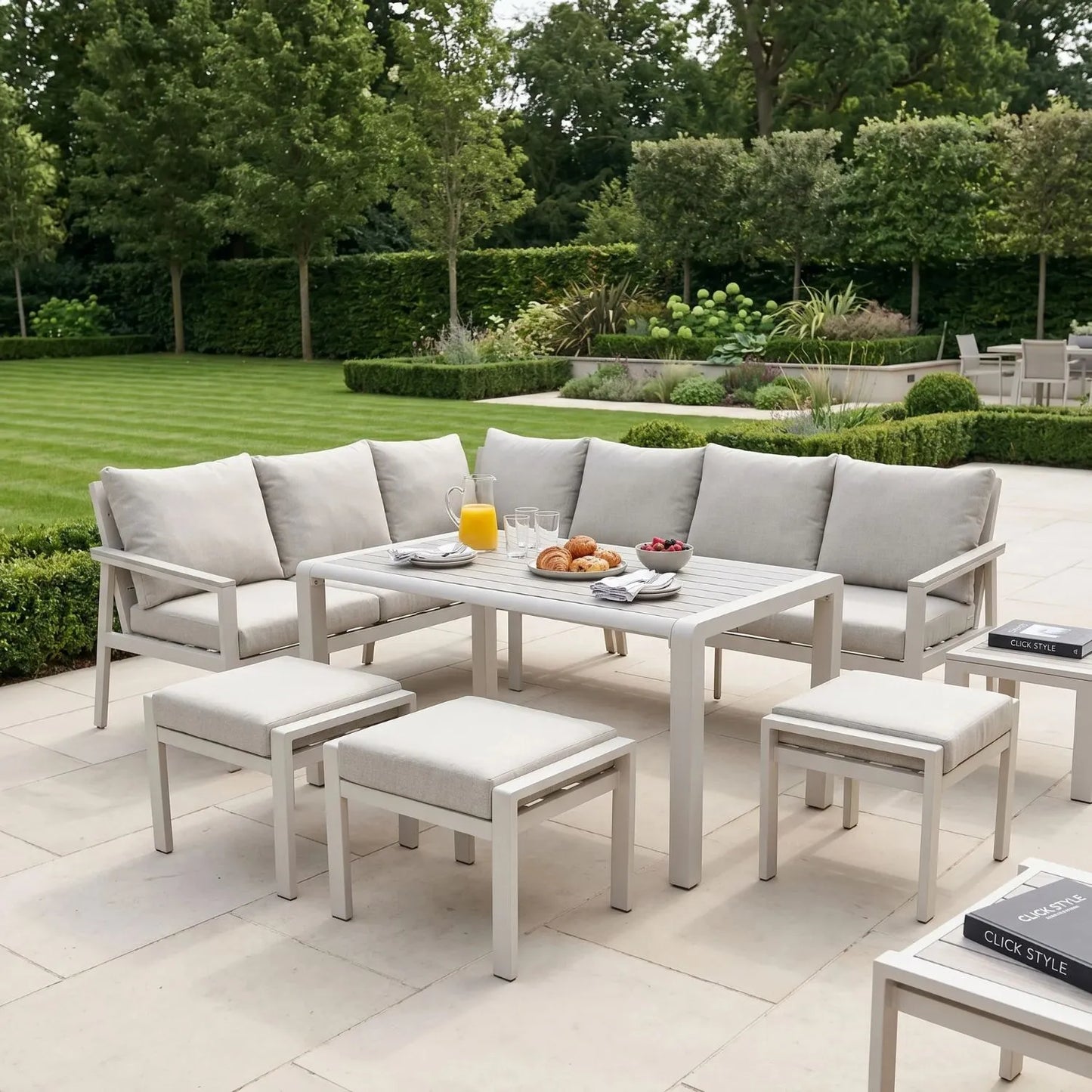 Grey & Cream 8-Seater Outdoor Garden Corner Sofa Dining Set with Cushions – Aluminium Frame, Polywood Table & Footstools, Luxury Corner Lounge Dining Set with Season-Proof Cushions, Modern Garden Furniture for Patios, Decking, Terraces & Outdoor Dining | Click Style