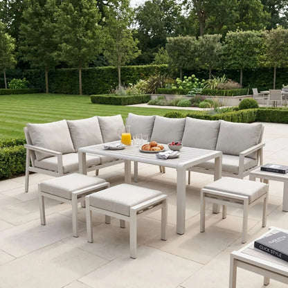 Grey & Cream 8-Seater Outdoor Garden Corner Sofa Dining Set with Cushions – Aluminium Frame, Polywood Table & Footstools, Luxury Corner Lounge Dining Set with Season-Proof Cushions, Modern Garden Furniture for Patios, Decking, Terraces & Outdoor Dining | Click Style