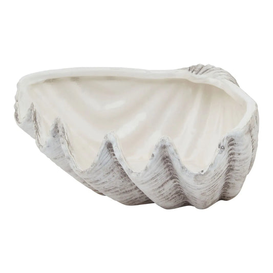 Grey & White Ceramic Clam Shell Bowl – Decorative Coastal Centrepiece 28x21cm - Click Style