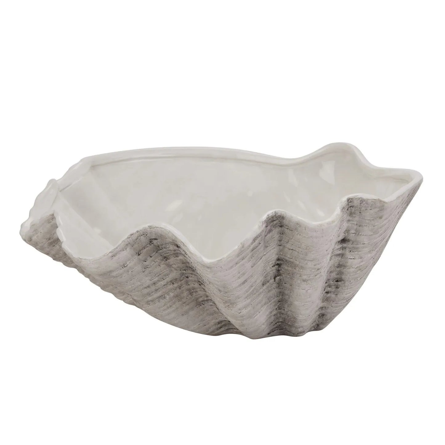 Grey & White Ceramic Decorative Clam Shell Bowl – Large Coastal Shell Shaped Centrepiece Vase & Decorative Ornament for Coastal & Neutral Home Interiors 40x40x16cm – handcrafted watertight ceramic shell bowl with textured finish in soft grey and white tones, ideal for styling dining tables, coffee tables, consoles, bathrooms and luxury coastal-inspired décor | Click Style