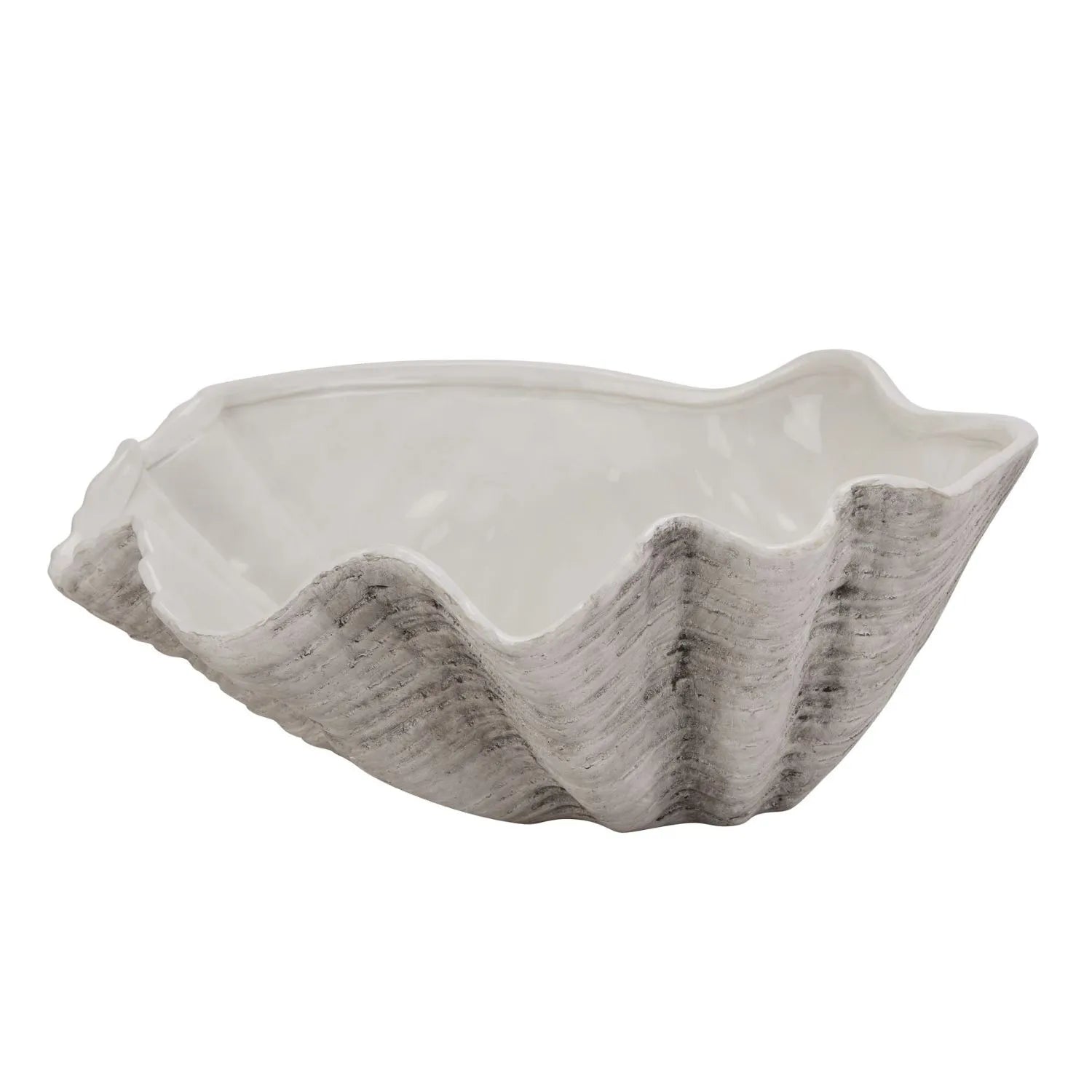 Grey & White Ceramic Decorative Clam Shell Bowl – Large Coastal Shell Shaped Centrepiece Vase & Decorative Ornament for Coastal & Neutral Home Interiors 40x40x16cm – handcrafted watertight ceramic shell bowl with textured finish in soft grey and white tones, ideal for styling dining tables, coffee tables, consoles, bathrooms and luxury coastal-inspired décor | Click Style