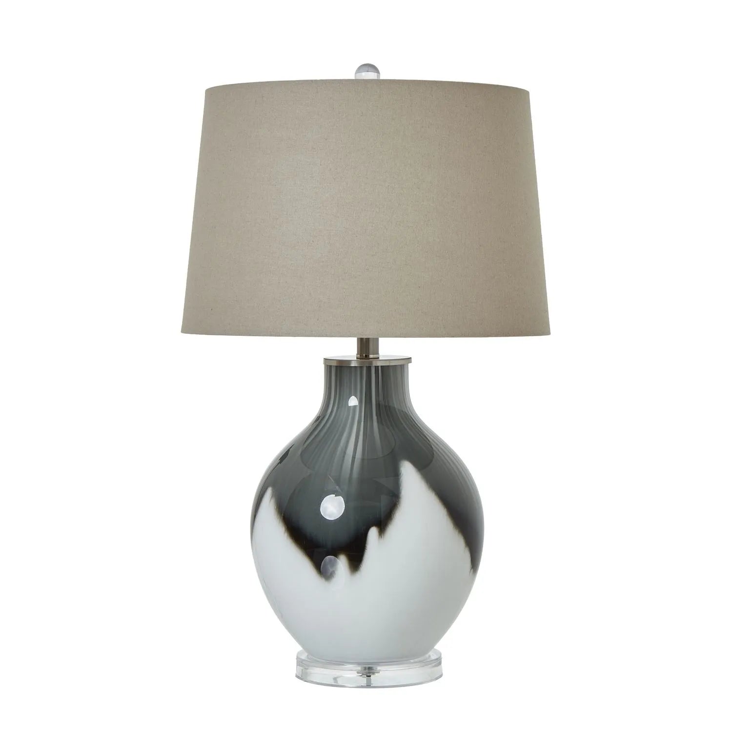 Grey & White Glass Table Lamp with Linen Tapered Lampshade & Silver Accents - Modern Decorative Lighting 67x41cm - Click Style