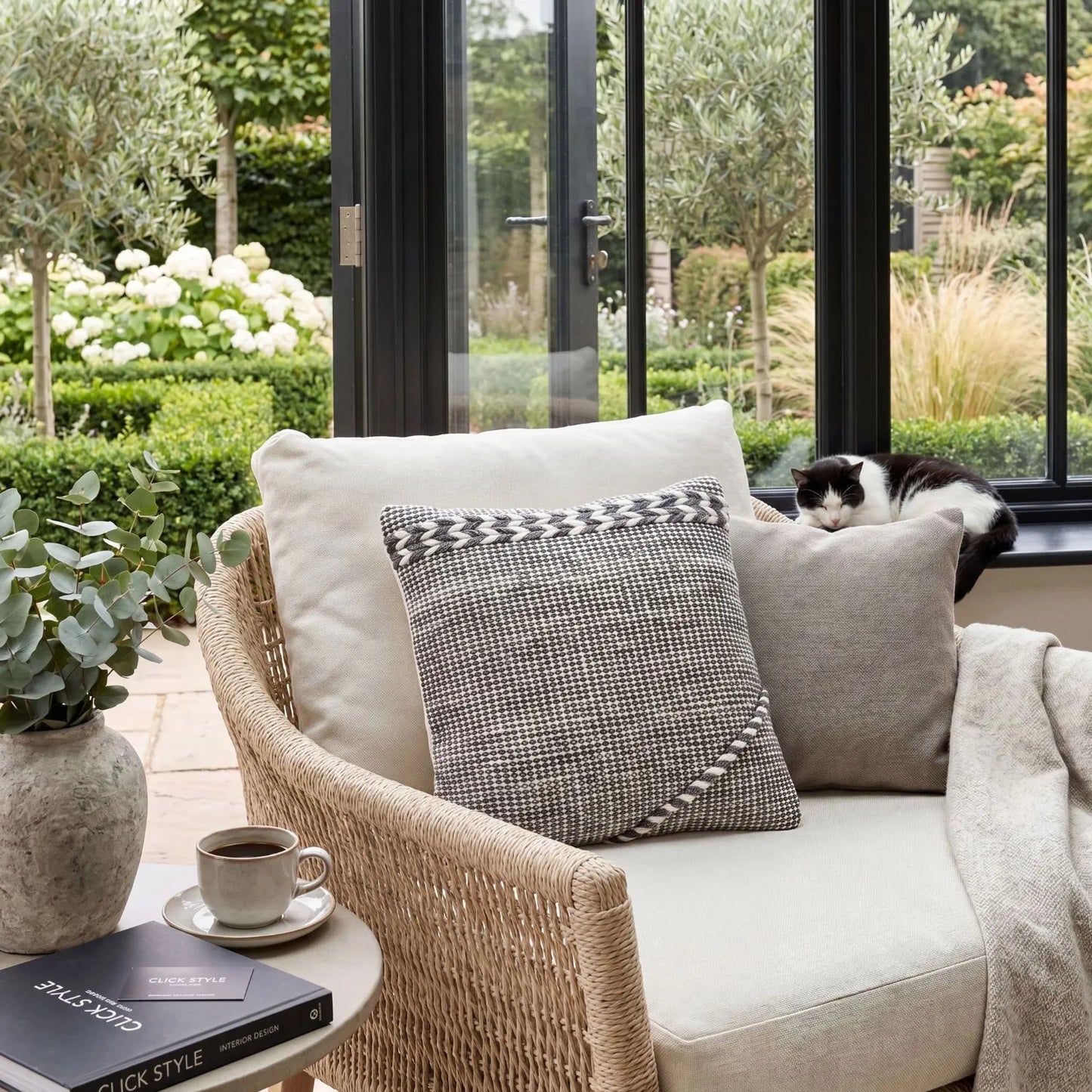 Grey & White Square Indoor Outdoor Cushion with Braided Design – Recycled Weather-Resistant & Durable 45x45x10cm – Raised Woven Garden Scatter Cushion for Patios, Conservatories, Garden Sofas & Outdoor Lounge Furniture | Click Style
