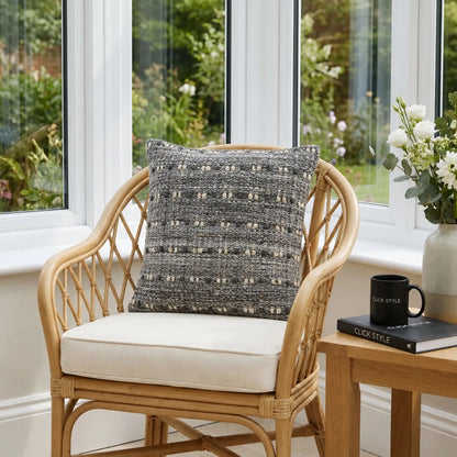 Grey & White Square Indoor Outdoor Cushion with Textured Woven Design Styled on Luxury Outdoor Garden Lounger | Click Style