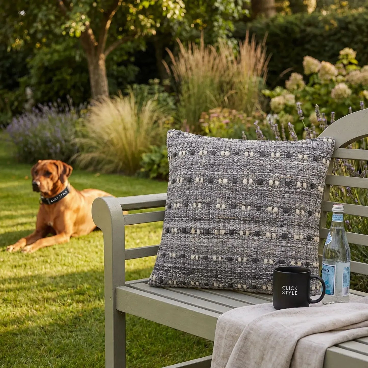 Grey & White Square Indoor Outdoor Cushion with Textured Woven Design Styled on Luxury Outdoor Garden Lounger | Click Style