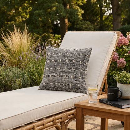 Grey & White Square Indoor Outdoor Cushion with Textured Woven Design Styled on Luxury Outdoor Garden Lounger | Click Style