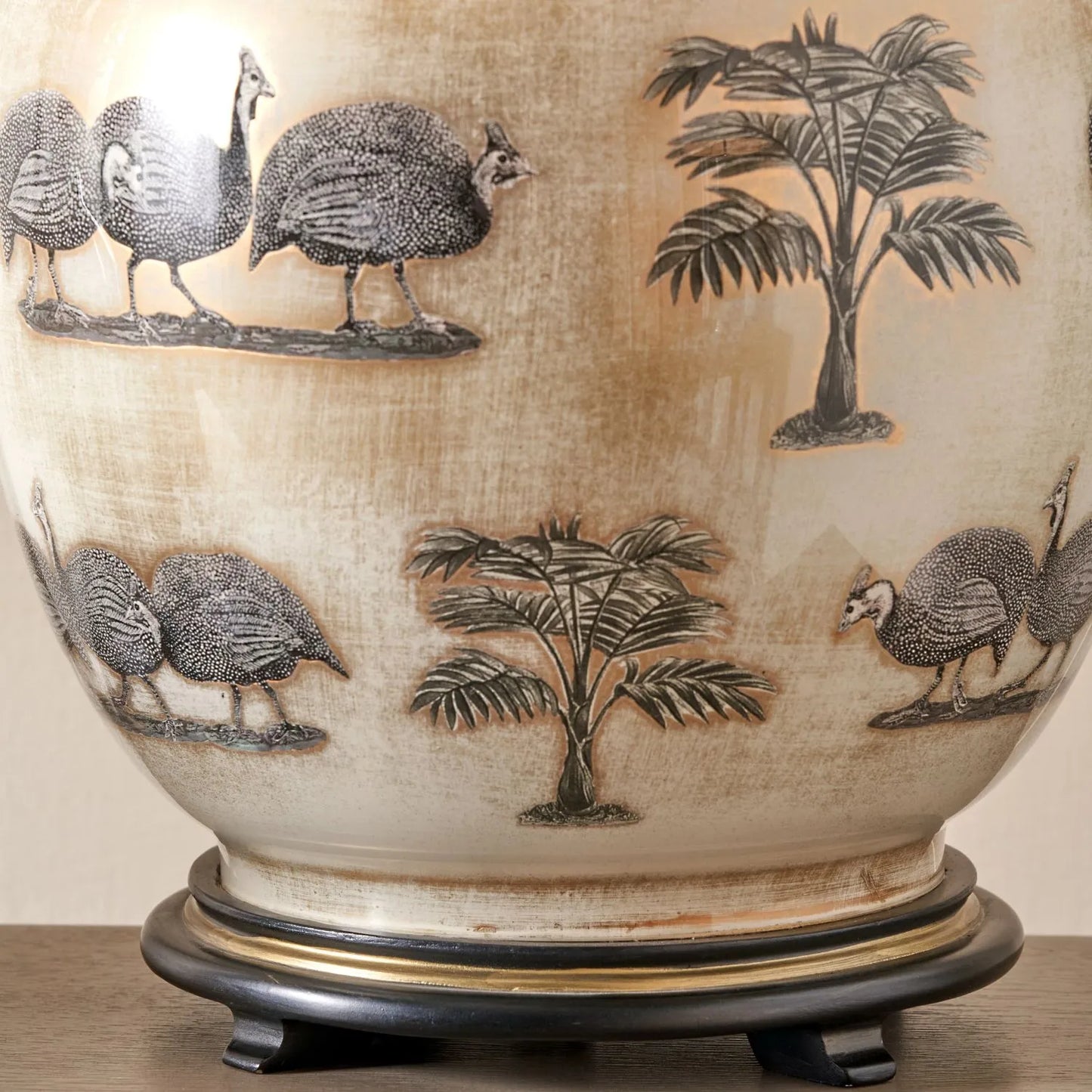 Guinea Fowl Cream Champagne & Gold Glass Table Lamp Base with Bulbous Shape & Raised Antique Brass Feet – Handcrafted Statement Lighting 42x28x28cm – Jenny Worrall – Click Style