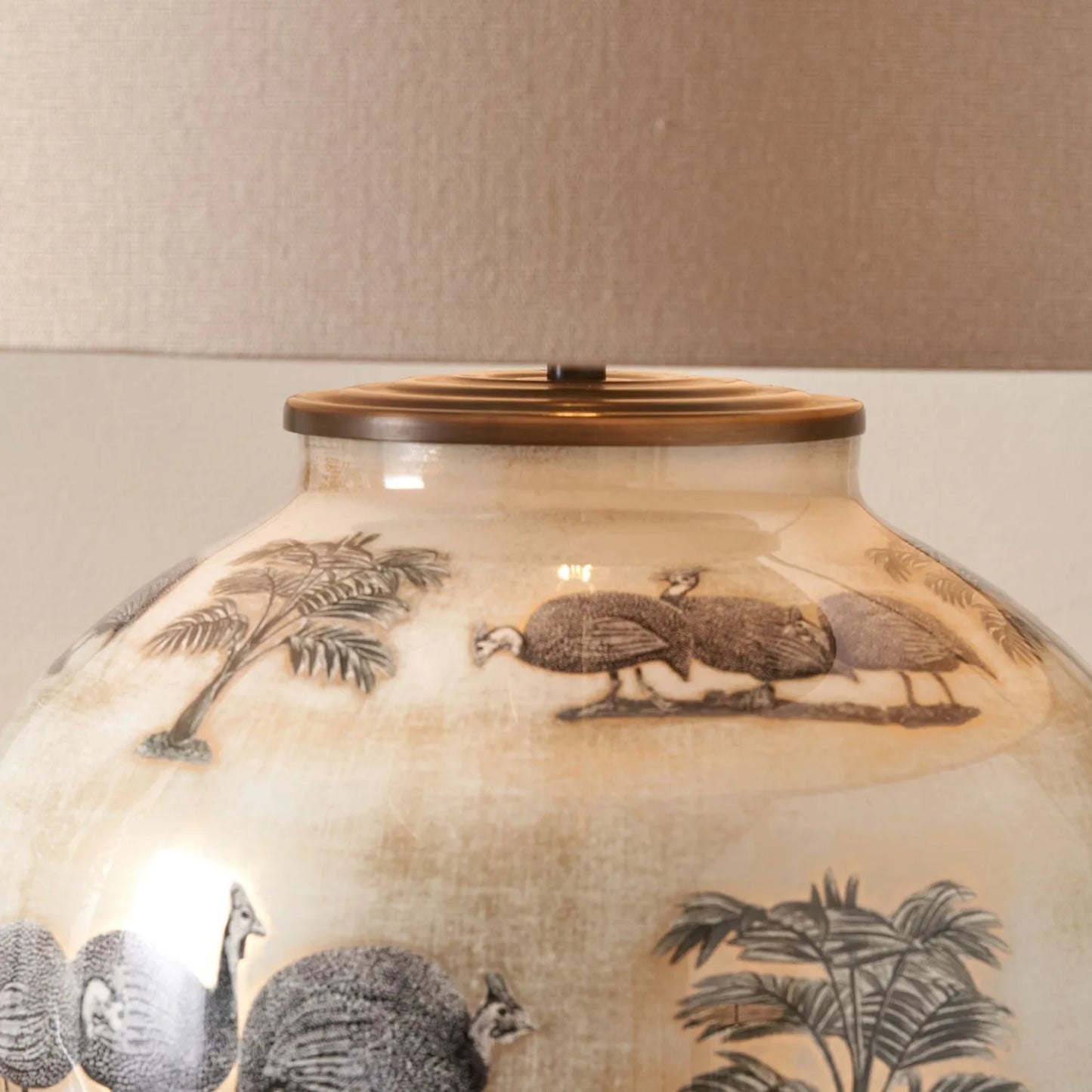 Guinea Fowl Cream Champagne & Gold Glass Table Lamp Base with Bulbous Shape & Raised Antique Brass Feet – Handcrafted Statement Lighting 42x28x28cm – Jenny Worrall – Click Style