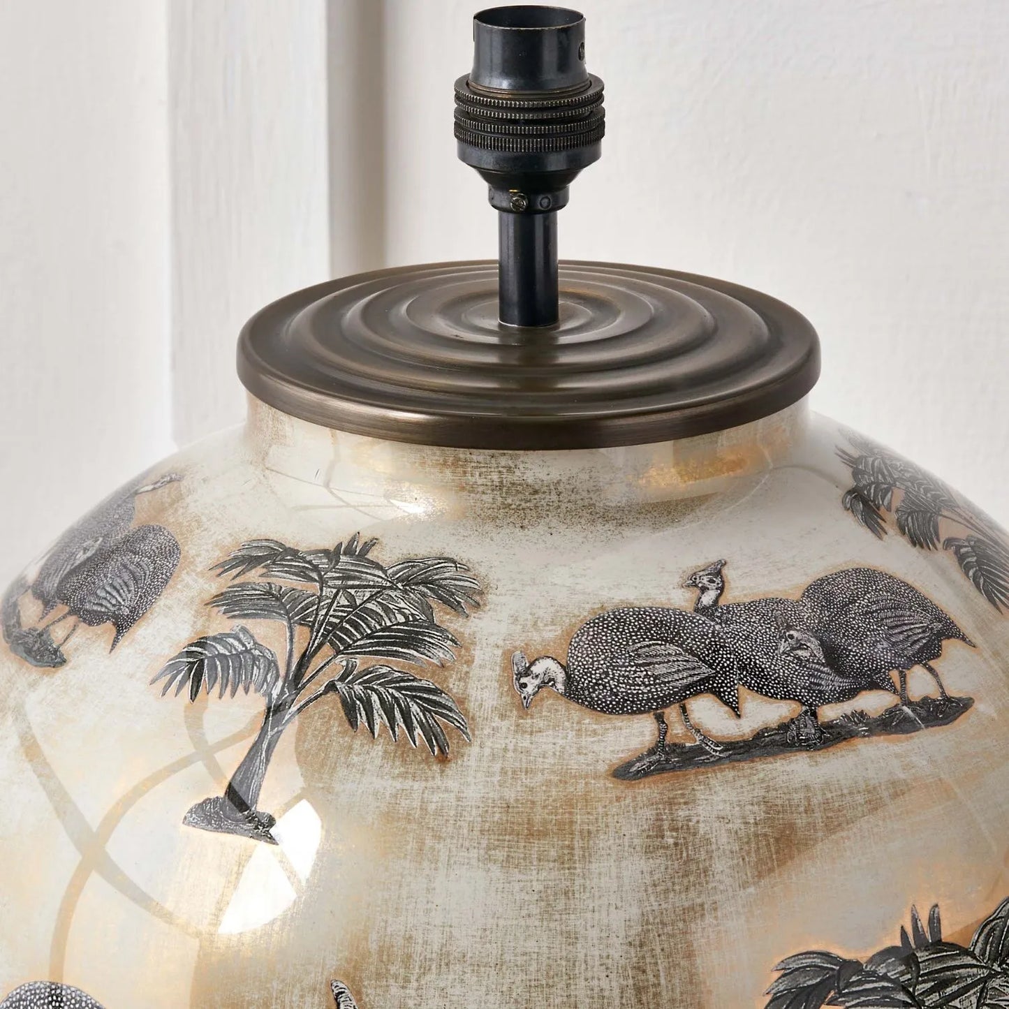 Guinea Fowl Cream Champagne & Gold Glass Table Lamp Base with Bulbous Shape & Raised Antique Brass Feet – Handcrafted Statement Lighting 42x28x28cm – Jenny Worrall – Click Style