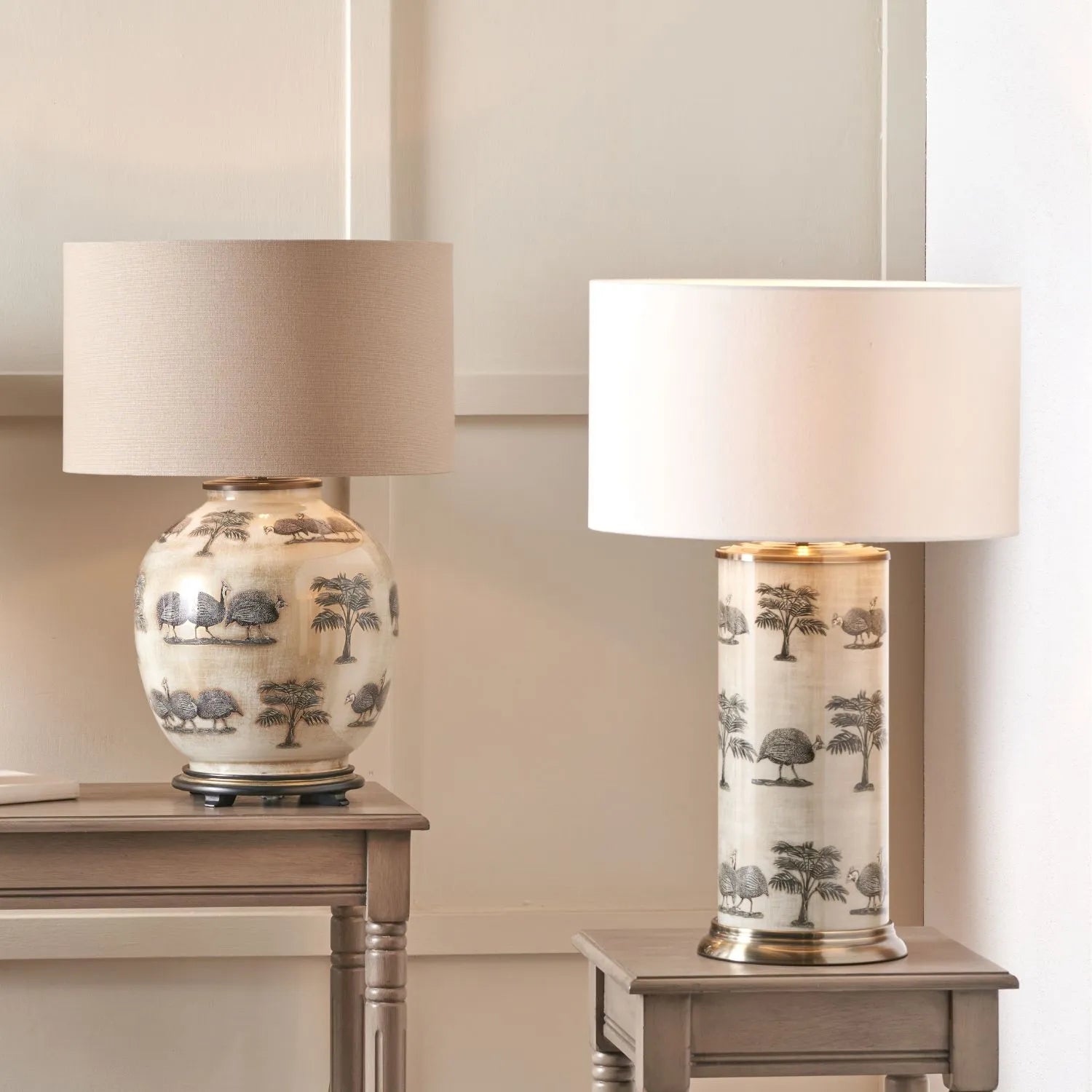 Guinea Fowl Cream Champagne & Gold Glass Table Lamp Base with Bulbous Shape & Raised Antique Brass Feet – Handcrafted Statement Lighting 42x28x28cm – Jenny Worrall – Click Style