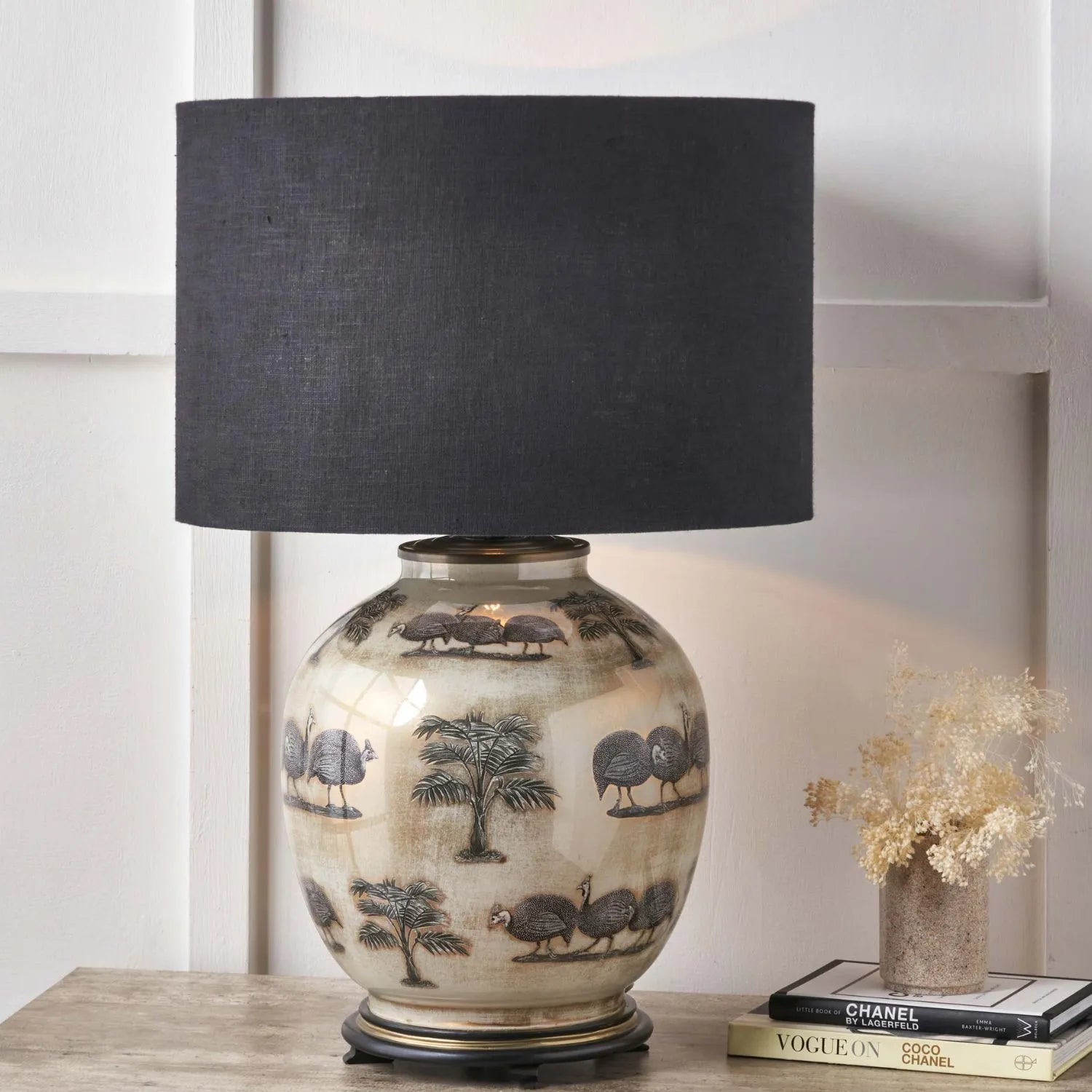 Guinea Fowl Cream Champagne & Gold Glass Table Lamp Base with Bulbous Shape & Raised Antique Brass Feet – Handcrafted Statement Lighting 42x28x28cm – Jenny Worrall – Click Style