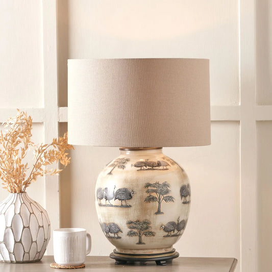 Jenny Worrall Guinea Fowl Cream Champagne & Gold Glass Table Lamp with 40cm Beige Taupe Handloom Drum Shade | Handcrafted Bulbous Statement Lighting | Click Style