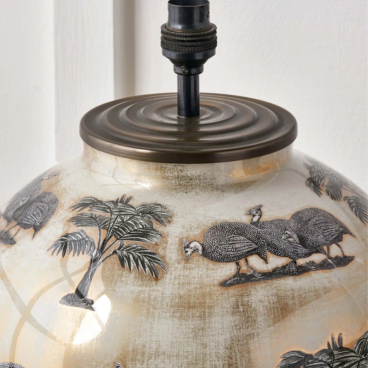 Jenny Worrall Guinea Fowl Cream Champagne & Gold Glass Table Lamp with 40cm Beige Taupe Handloom Drum Shade | Handcrafted Bulbous Statement Lighting | Click Style