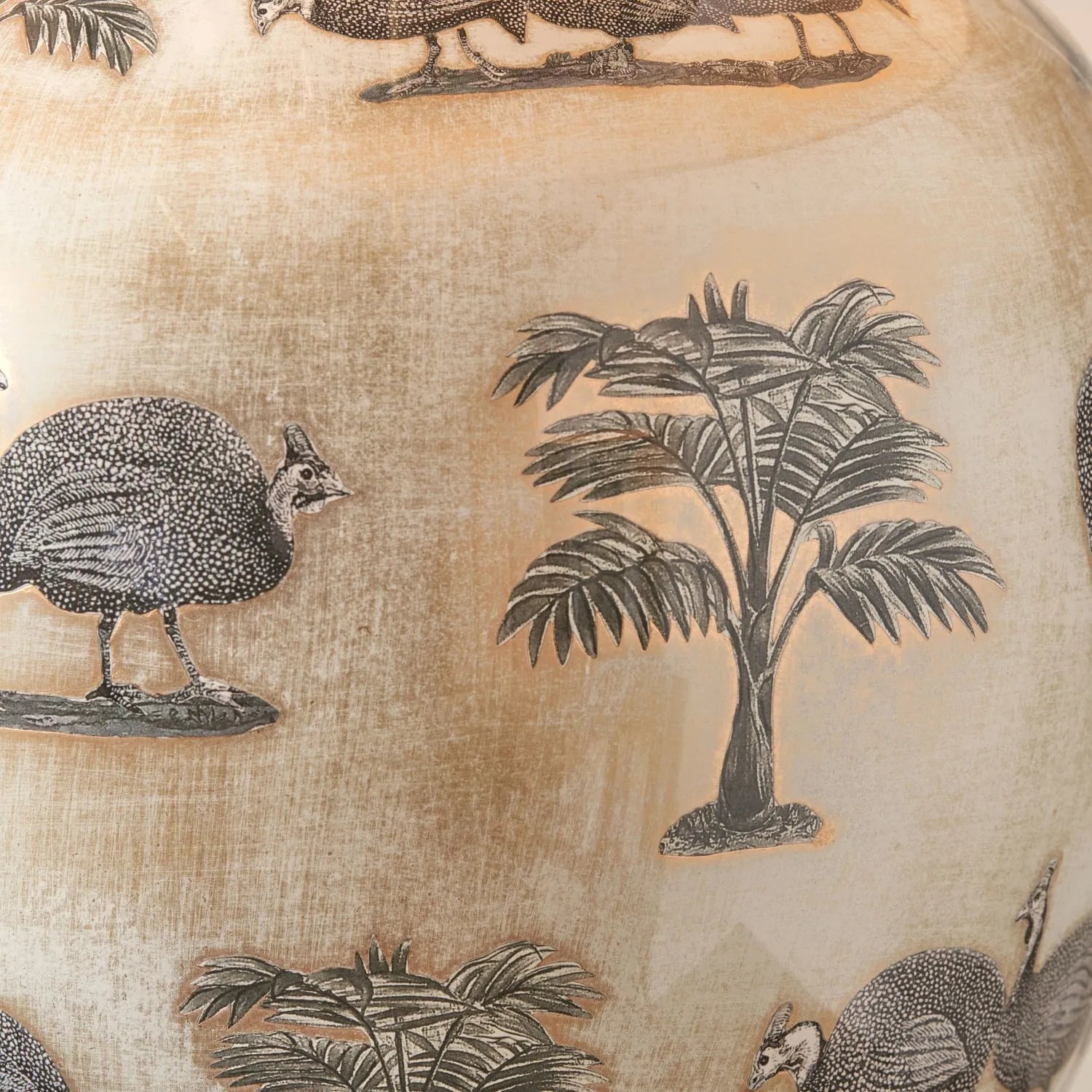 Jenny Worrall Guinea Fowl Cream Champagne & Gold Glass Table Lamp with 40cm Beige Taupe Handloom Drum Shade | Handcrafted Bulbous Statement Lighting | Click Style