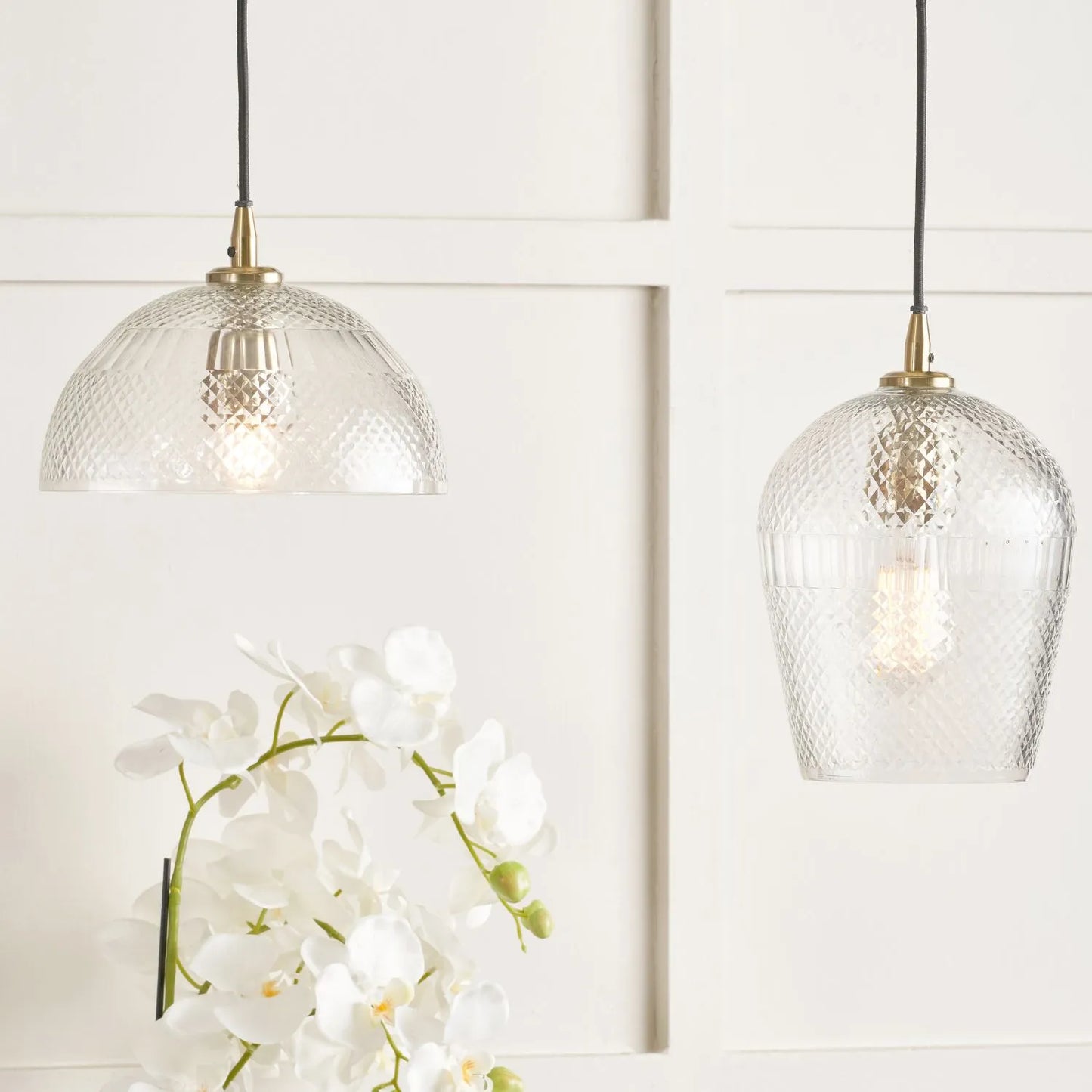 Hand-Cut Clear Glass Adjustable Dome Pendant Light with Diamond Pattern & Antique Brass Fittings 173x23x23cm | Click Style