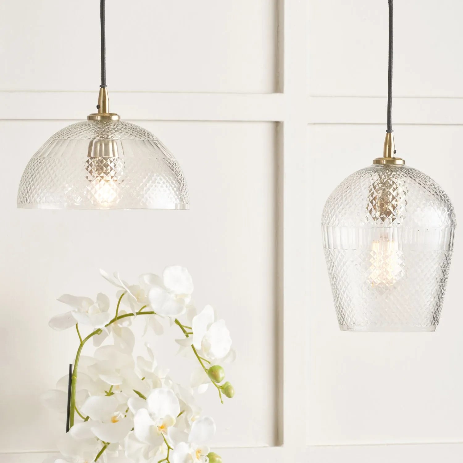 Hand-Cut Clear Glass Adjustable Dome Pendant Light with Diamond Pattern & Antique Brass Fittings 173x23x23cm | Click Style