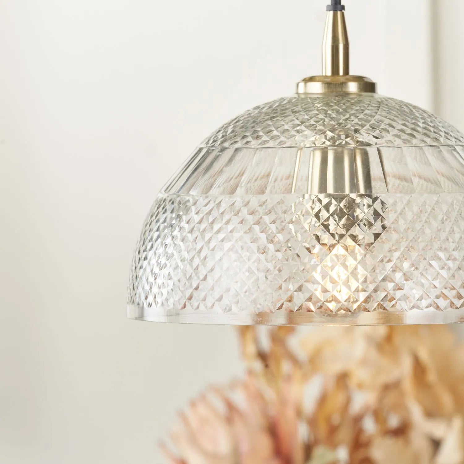 Hand-Cut Clear Glass Adjustable Dome Pendant Light with Diamond Pattern & Antique Brass Fittings 173x23x23cm | Click Style