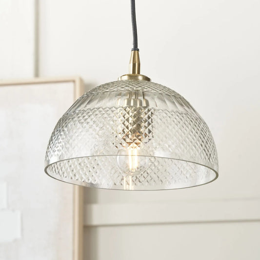 Hand-Cut Clear Glass Adjustable Dome Pendant Light with Diamond Pattern & Antique Brass Fittings 173x23x23cm | Click Style